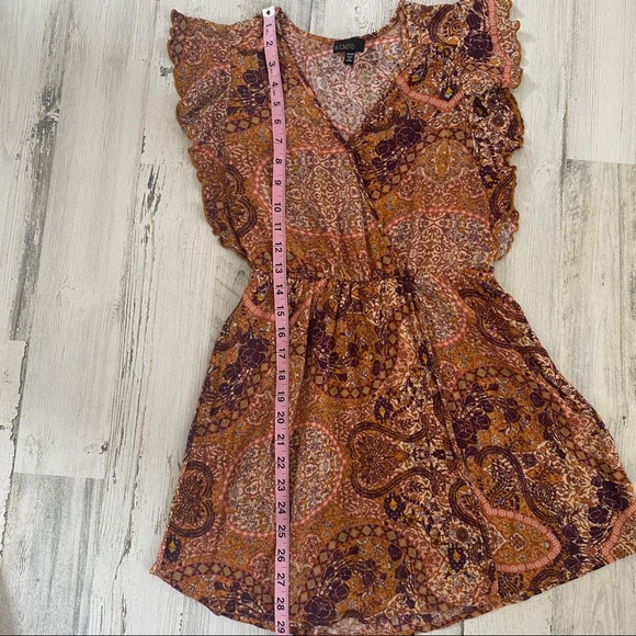 Weavers Mini Dress XS Brown Red Ruffle V-Neck Elastic Waist Festival Boho Summer - Picture 6 of 7